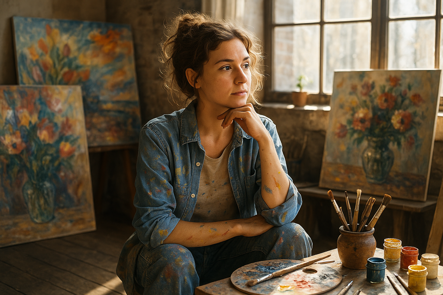 Portrait d'une femme artiste dans son atelier, entourée de peintures et de matériel d'art